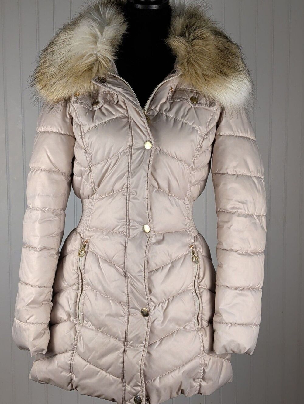 Laundry by Shelli Segal Faux Fur Trim Cinched Quilted Puffer Coat - Beige PXS